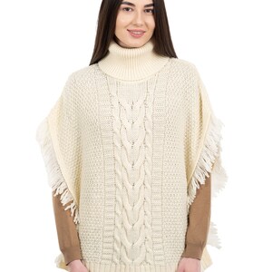 Fisherman Aran Cowl Neck Wool Knit Cape for Women: 100% Merino Wool Beautiful, Soft, Warm, & Durable Poncho Irish Knitting One Size Natural White