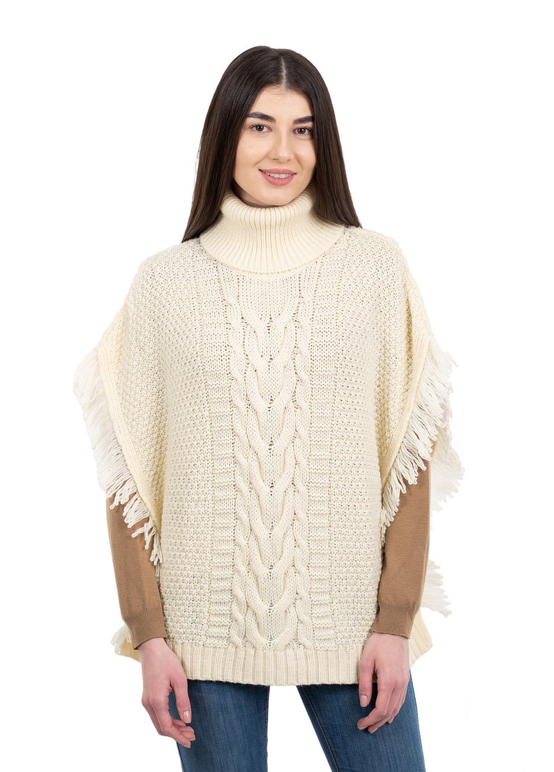 Fisherman Aran Cowl Neck Wool Knit Cape for Women: 100% Merino Wool Beautiful, Soft, Warm, & Durable Poncho Irish Knitting One Size Natural White