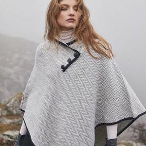 Saol Irish Aran Wool Poncho, Herringbone Poncho Shawl for Ladies, Merino Wool Blend Cape, Knitted Poncho Button Closure, Made in Ireland