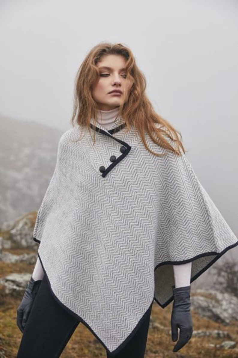 Saol Irish Aran Wool Poncho, Herringbone Poncho Shawl for Ladies, Merino Wool Blend Cape, Knitted Poncho Button Closure, Made in Ireland image 1