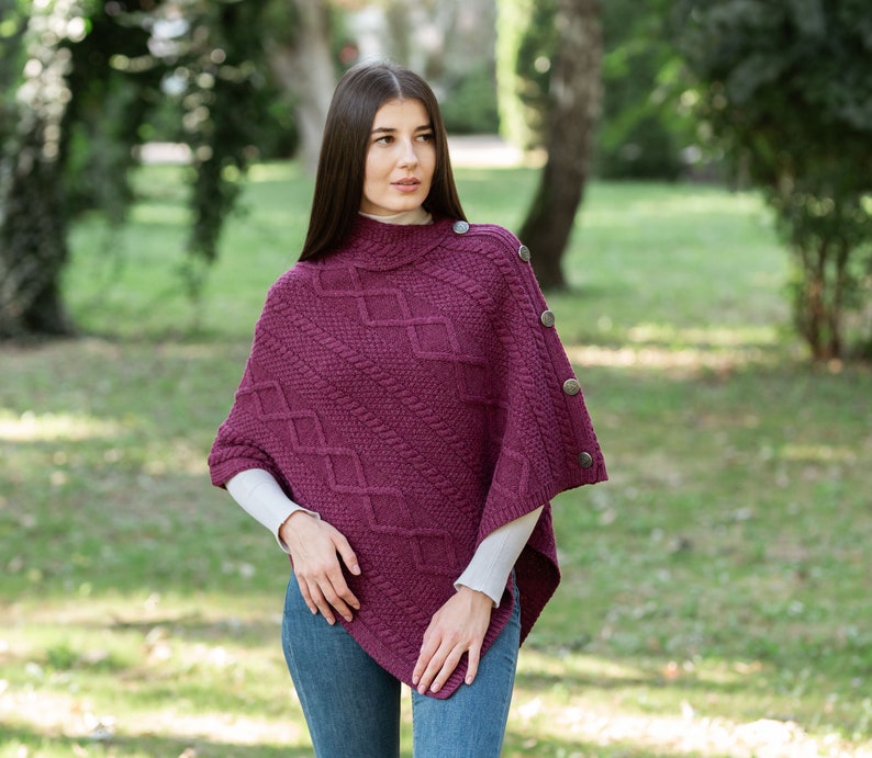 Saol Aran Fisherman Cowl Neck Poncho Shawl, 100% Premium Quality Merino Wool Ruana for Women, Made In Ireland image 4