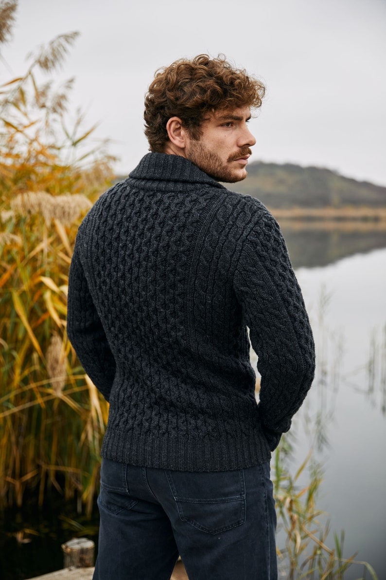 Irish Aran Fisherman Breasted Jacket Cardigan, 100% Merino Wool Cable Knit Heavyweight Sweater Cardigan, Shawl V-neck Collar Cardigan Men image 3