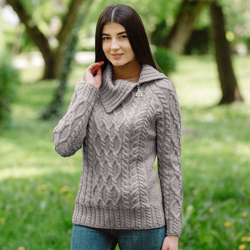 Irish Aran Cable Knit Sweater for Ladies, Fisherman Traditional Turtleneck Half Zipped Jumper for Women, 100% Irish Merino Wool Sweater Gray