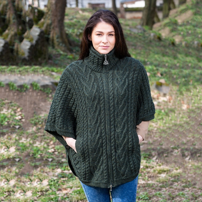 SAOL Aran Funnel Neck Zip Poncho Jacket for Women 100% Merino Wool Cable Knitted Cardigan Poncho Irish Aran Knitting Side Pockets Green