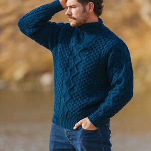 Aran Fisherman Half Zip Sweater Cardigan, 100% Pure Merino Wool Cable Knit Cardigan for Men, Made in Ireland Ocean Blue