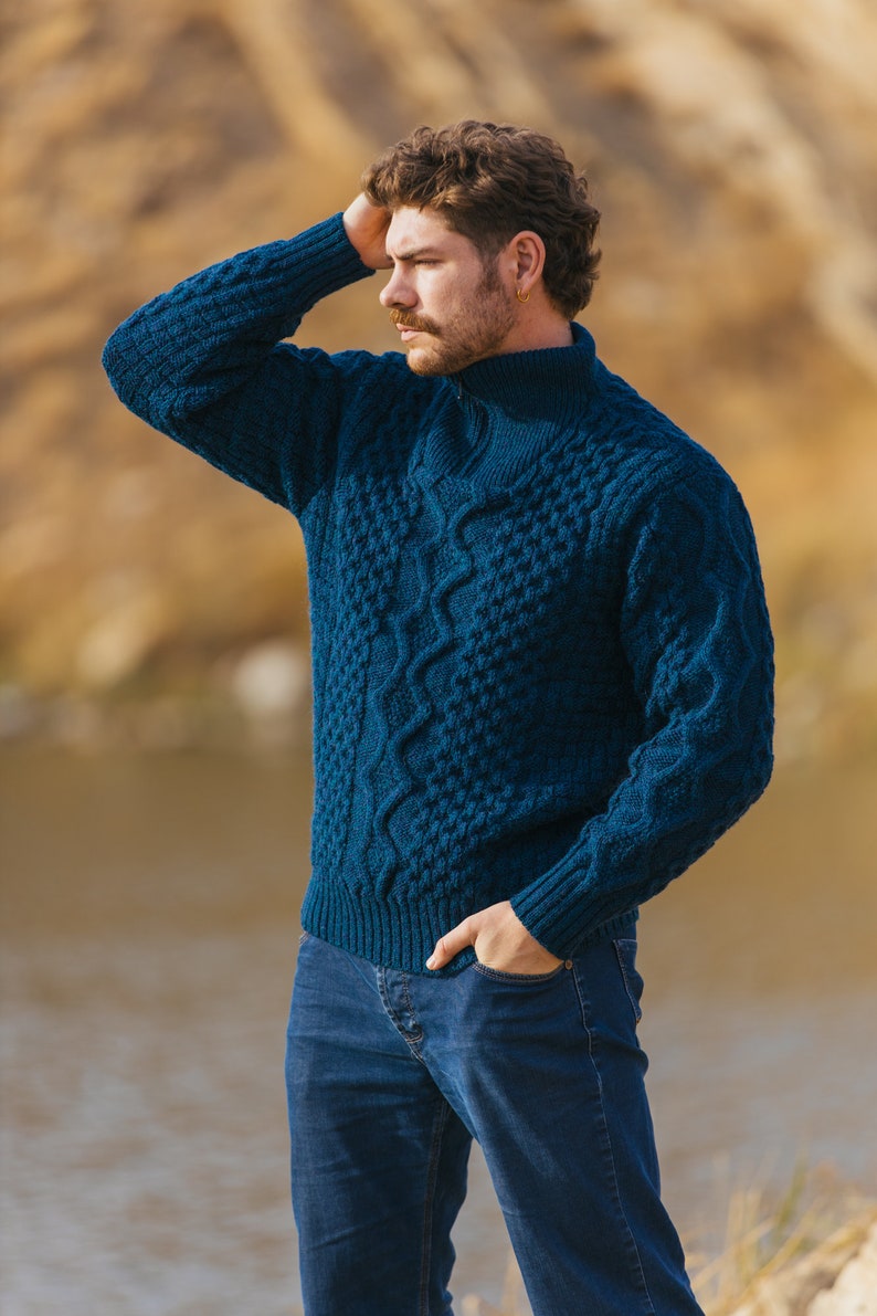 Aran Fisherman Half Zip Sweater Cardigan, 100% Pure Merino Wool Cable Knit Cardigan for Men, Made in Ireland Ocean Blue