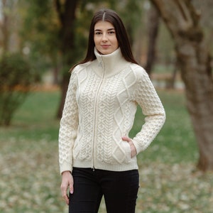 Aran Cable Knit Bomber Jacket, 100% Merino Cable Knit Cardigan Sweater for Women, Made in Ireland image 10