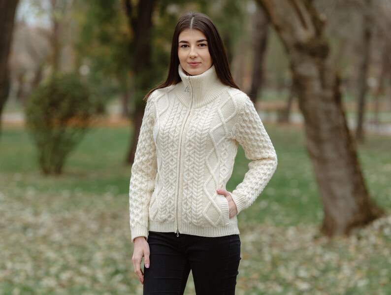 Aran Cable Knit Bomber Jacket, 100% Merino Cable Knit Cardigan Sweater for Women, Made in Ireland image 10