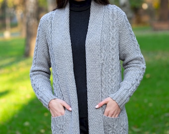 Aran Fisherman  Classic Long Open Front Coat, 100% Merino Wool Knit Coatigan for Women, Knitted Ireland Cardigan Sweater with Side Pockets