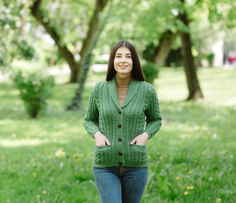 SAOL Merino Shawl Neck Cardigan for Ladies, 100% Merino Wool Buttoned V-neck Cardigan Sweater with Pockets for Women, Made in Ireland image 3