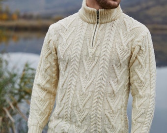 Saol Aran Fisherman Cable Knit Winter Ireland Sweater: 100% Premium Merino Wool Half Zipped Jumper - Soft & Warm Knitted Pullover