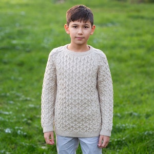 SAOL Kids Aran Merino Wool Sweater, 100% Pure Merino Wool Sweater, Aran Fisherman Sweater for Kids, Made in Ireland Natural White
