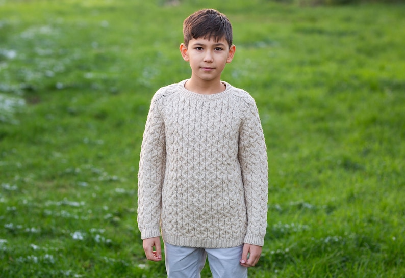 SAOL Kids Aran Merino Wool Sweater, 100% Pure Merino Wool Sweater, Aran Fisherman Sweater for Kids, Made in Ireland Natural White