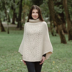 Aran Cowl Neck Knit Poncho for Women: 100% Merino Wool Wrap Shawl Winter Soft, Warm Cape Irish Aran Knitting Mantle One Size Fits All image 10