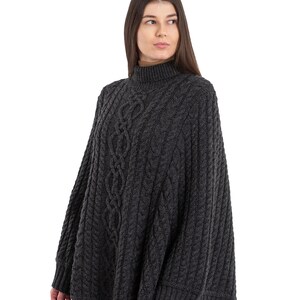 Saol Aran Fisherman Cable Knit Poncho, Turtleneck Merino Wool Poncho, Irish Merino Wool Poncho in White & Wine Color, Made in Ireland Charcoal Gray