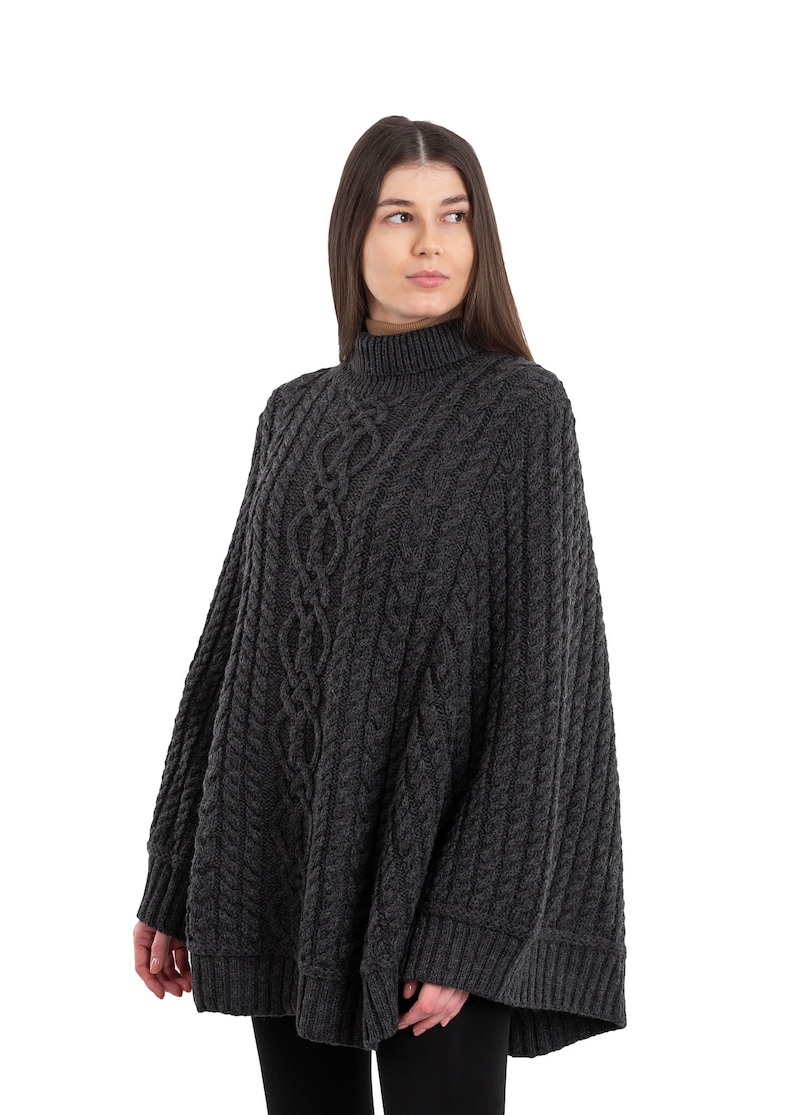 Saol Aran Fisherman Cable Knit Poncho, Turtleneck Merino Wool Poncho, Irish Merino Wool Poncho in White & Wine Color, Made in Ireland Charcoal Gray