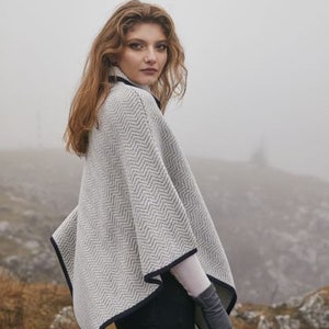 Saol Irish Aran Wool Poncho, Herringbone Poncho Shawl for Ladies, Merino Wool Blend Cape, Knitted Poncho Button Closure, Made in Ireland image 3