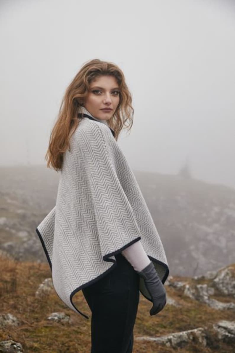 Saol Irish Aran Wool Poncho, Herringbone Poncho Shawl for Ladies, Merino Wool Blend Cape, Knitted Poncho Button Closure, Made in Ireland image 3