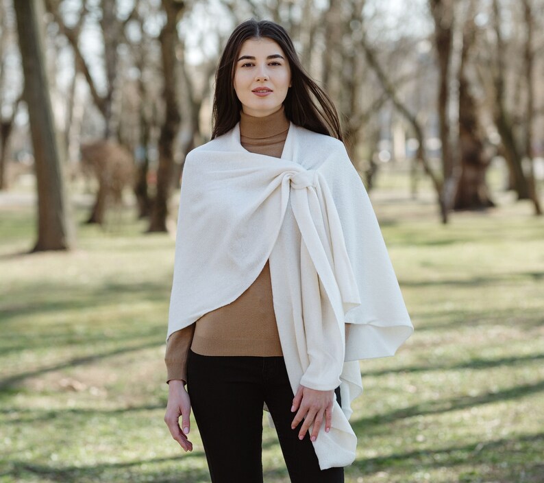 Lightweight Draped Poncho Shawl for Ladies, Women's Lambswool Draped Shawl, Irish Wool Ruana Wrap, Made in Ireland Natural White