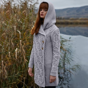 SAOL Aran Leaf Coat Cardigan for Women, Double Breasted Buttoned Cardigan with Hood for Lady, 100 Pure Merino Wool Coat, Made in Ireland Grey