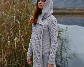 Irish Traditional Aran Leaf Cardigan for Ladies, Double Breasted Buttoned Cardigan with Hood Lady, 100% Pure Merino Wool Coat Cardigan