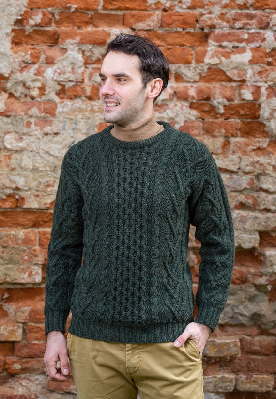 Men's Irish Traditional Aran Cable Knit Sweater 100% Merino Wool