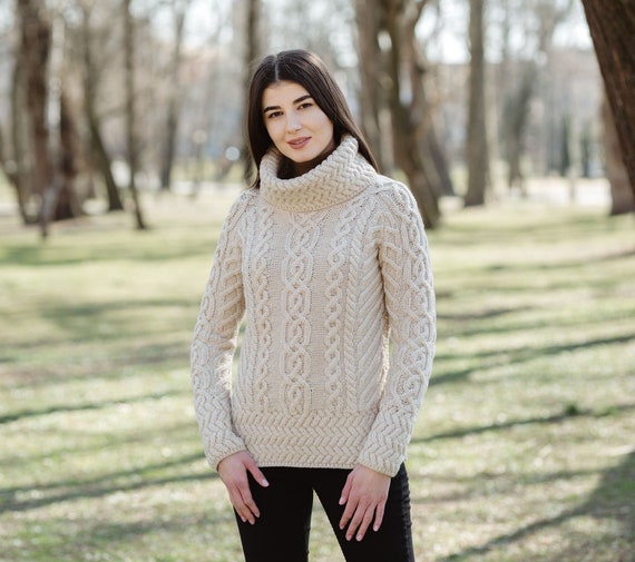 Aran Irish Cable Knit Pullover, 100% Merino Wool Jumper, Roll Neck Collar  Ireland Sweater for Women, Fisherman Warm Sweater for Ladies 