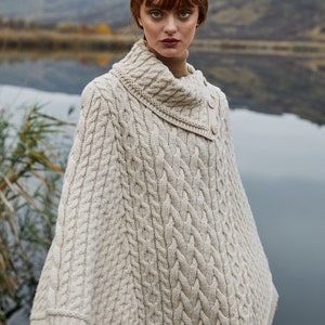 SAOL Aran Irish Cowl Neck Button Poncho Sweater, Fisherman Three Buttoned Cowl Neck Poncho Ruana, 100% Merino Wool Cable Knit Poncho image 2