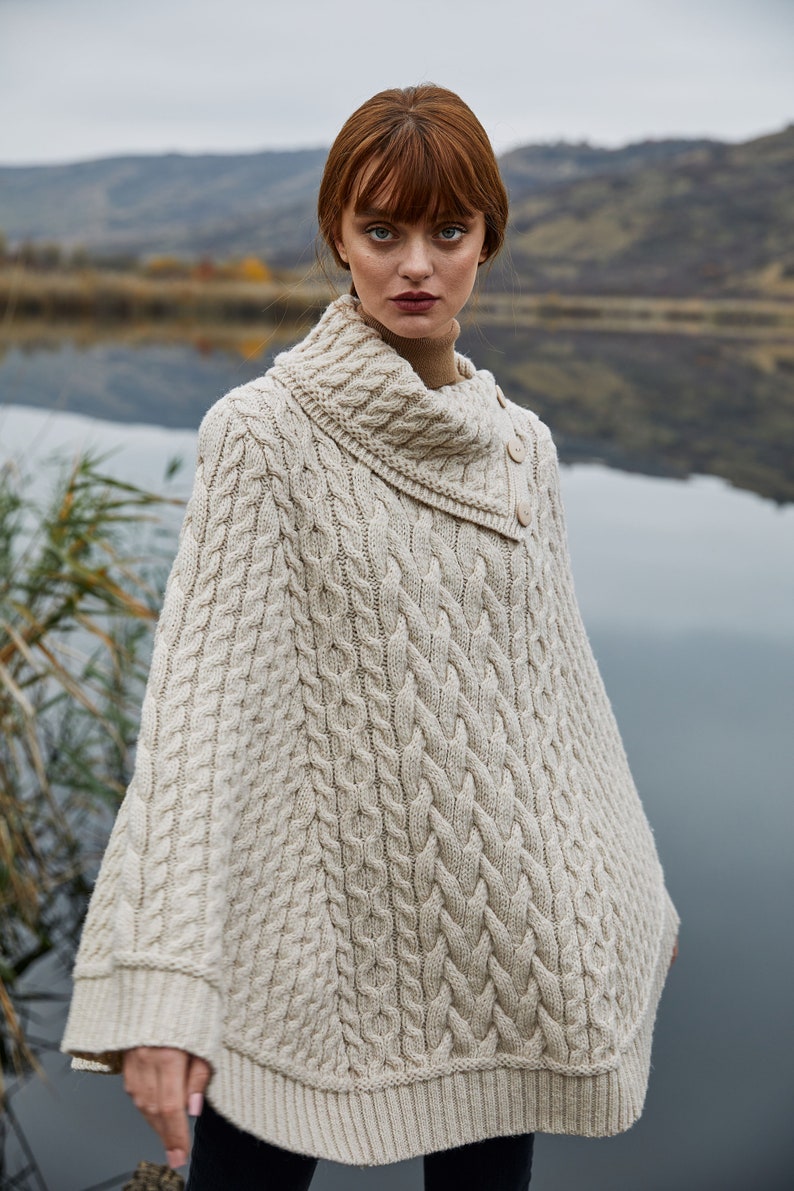 Irish Aran Fisherman Cowl Neck Button Poncho for Ladies, Traditional Three Buttoned Poncho Sweater, 100% Merino Wool Cable Knit Poncho image 5