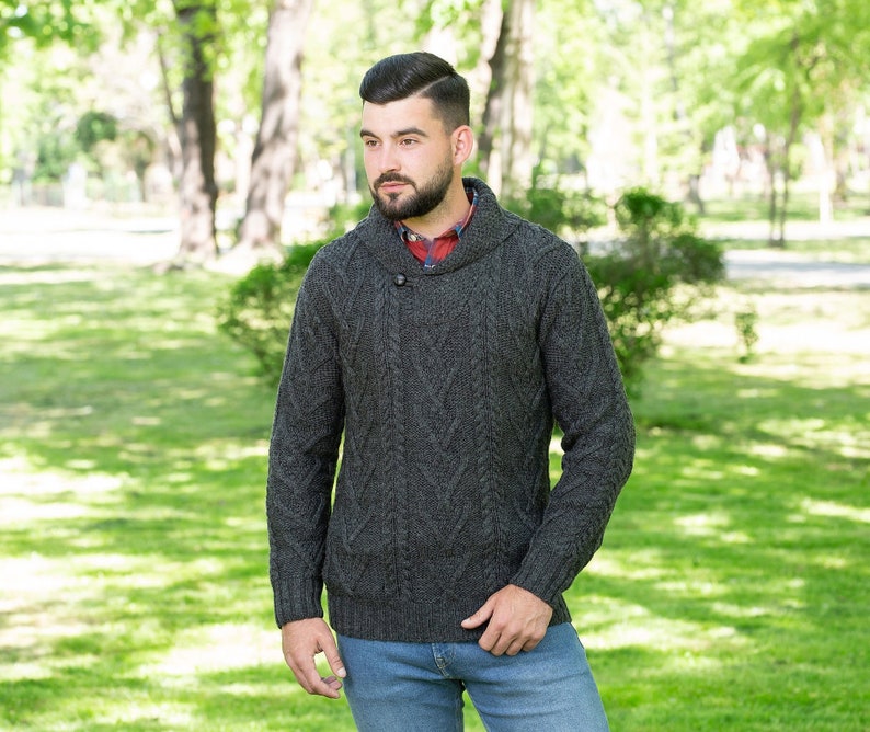 Irish Aran Sweater 100% Merino Wool Sweater Men's Shawl Collar Cable Knit Ireland Pullover: Soft & Warm Jumper Pockets, Single Button image 3