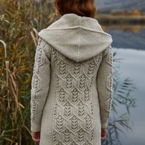 SAOL Aran Leaf Coat Cardigan for Women, Double Breasted Buttoned Cardigan with Hood for Lady, 100 Pure Merino Wool Coat, Made in Ireland image 2