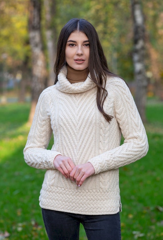 Aran Irish Sweater, 100% Merino Wool Blend Fisherman Sweater, Irish Womens  Traditional Sweater, Turtle Neck Cable Knit Pullover 