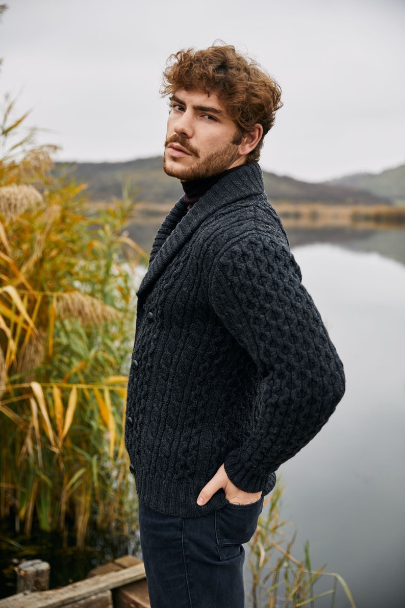 Irish Aran Fisherman Breasted Jacket Cardigan, 100% Merino Wool Cable Knit Heavyweight Sweater Cardigan, Shawl V-neck Collar Cardigan Men image 2