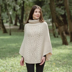 Fisherman Aran Cowl Neck Wrap Poncho 100% Merino Wool Knit Poncho for Women Winter Soft Warm Cape Irish Mantle One Size Fits All Parsnip