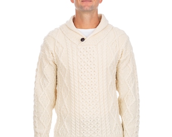 Aran Irish Fisherman Shawl Collar Jumper for Men, 100% Pure Merino Cable Knitted Jumper For Men in Three Color Options, Made in Ireland