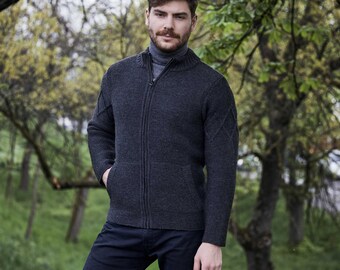 Aran Fisherman Zip Up Jacket, Irish Warm Cable Knitted Ireland Cardigan for Men, 100% Merino Wool Full Zip Cable Knit Sweater with Pockets