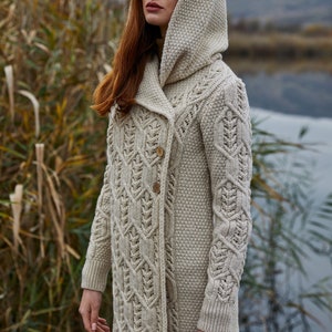 SAOL Aran Leaf Coat Cardigan for Women, Double Breasted Buttoned Cardigan with Hood for Lady, 100 Pure Merino Wool Coat, Made in Ireland image 1