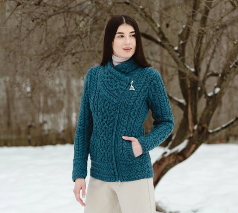 Aran Fisherman Zip Cardigan 100% Merino Wool Jacket Soft & Warm Open Sweater Aran Knitting, Trinity Knot Side Zipper, Side Pockets Teal