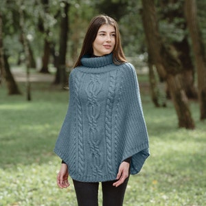 Saol Aran Cowl Neck Wrap Poncho for Women 100% Irish Merino Wool Cape Shawl Aran Knit Mantle Made in Ireland Skylight