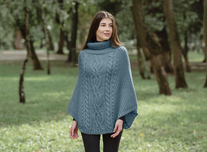 Saol Aran Cowl Neck Wrap Poncho for Women 100% Irish Merino Wool Cape Shawl Aran Knit Mantle Made in Ireland Skylight