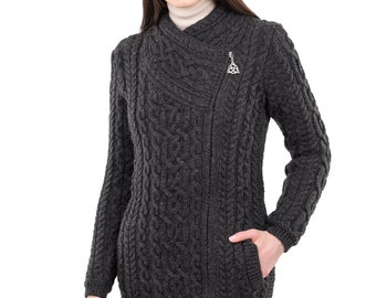 Aran Traditional Fisherman Merino Wool Coatigan, Fully Zipped Cardigan With Front Pockets, Pure Quality Merino Wool Long Sweater