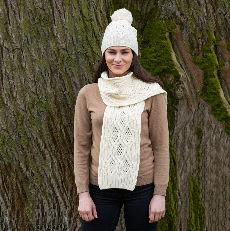 SAOL Aran Cable Knit Scarf for Ladies: 100% Merino Wool Scarf Extra Soft and Super Warm Muffler Irish Aran Knitting Made in Ireland White