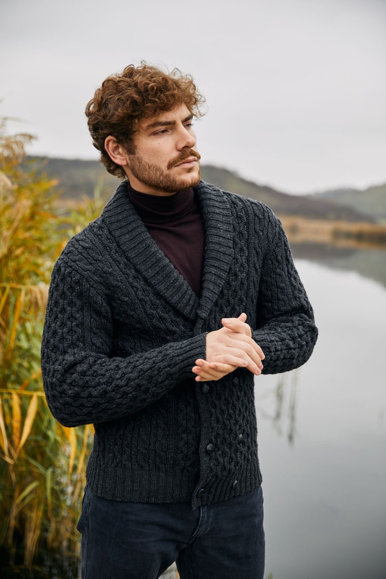 Irish Aran Fisherman Breasted Jacket Cardigan, 100% Merino Wool Cable Knit Heavyweight Sweater Cardigan, Shawl V-neck Collar Cardigan Men image 1