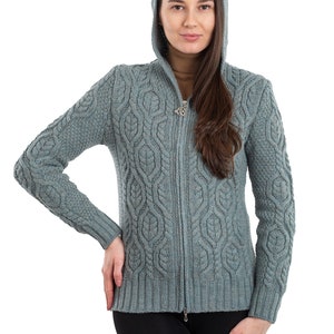SAOL Aran Hooded Cardigan for Women, 100% Merino Wool Cable Knit Cardigan, Soft & Warm Hoodie Jacket, Made in Ireland image 9