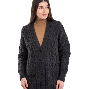 SAOL Cable Knit Boyfriend Cardigan with Front Pockets, 100% Merino Wool Cable Knit Sweater for Women, Made in Ireland Charcoal