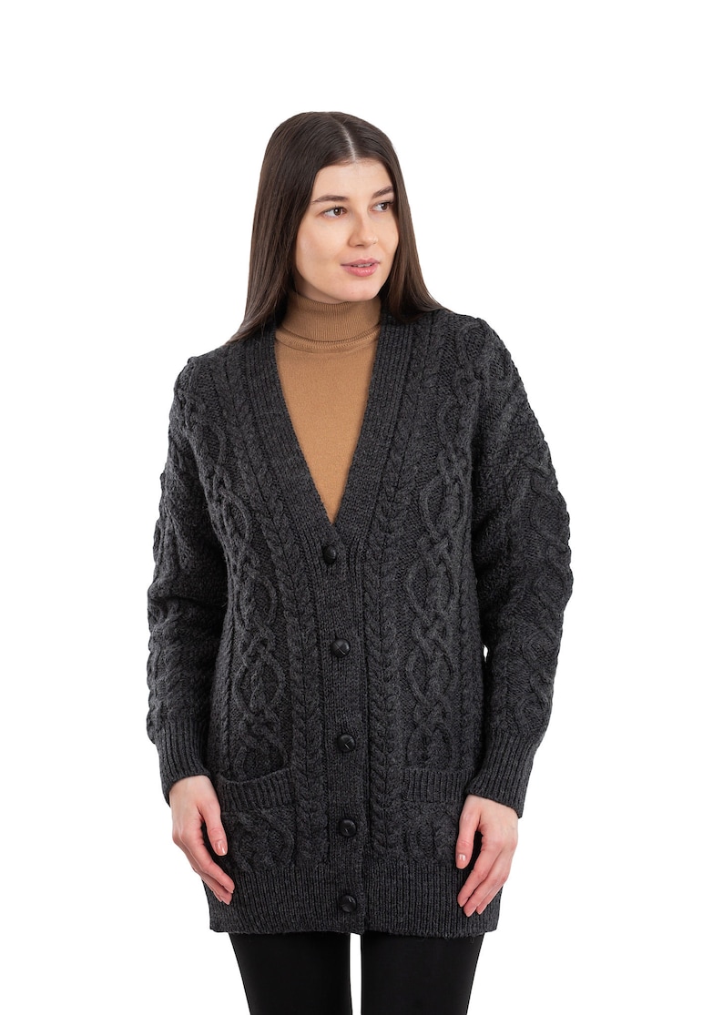 SAOL Cable Knit Boyfriend Cardigan with Front Pockets, 100% Merino Wool Cable Knit Sweater for Women, Made in Ireland Charcoal