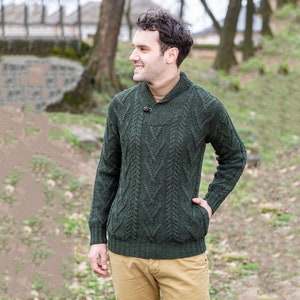 Irish Aran Sweater 100% Merino Wool Sweater Men's Shawl Collar Cable Knit Ireland Pullover: Soft & Warm Jumper Pockets, Single Button image 2