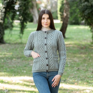 Saol AranTraditional Button Irish Cardigan Sweater 100% Merino Wool Cable Knit Jacket Soft & Warm Button Closure Front Pockets image 3