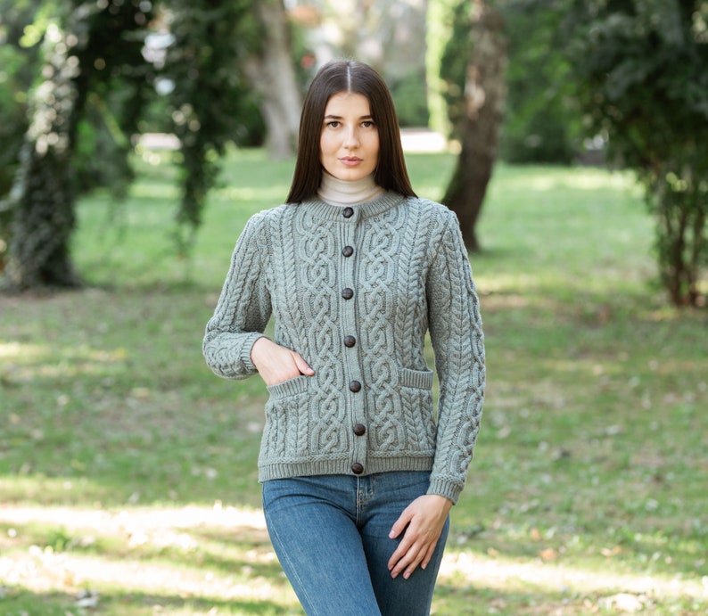 Saol AranTraditional Button Irish Cardigan Sweater 100% Merino Wool Cable Knit Jacket Soft & Warm Button Closure Front Pockets image 3
