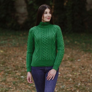 Saol Fisherman Aran Cable Knit Turtle Neck Sweater, Merino Wool Fisherman Jumper for Women, Cable Knit Sweater for Ladies, Made in Ireland Green